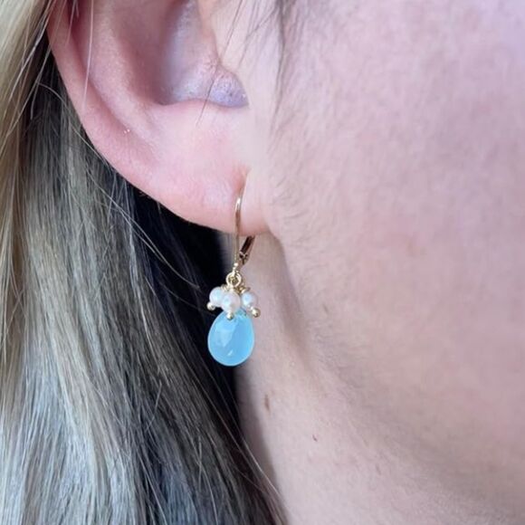 NEW 14k Aqua Blue and Freshwater Pearl Earrings - Picture 4 of 7